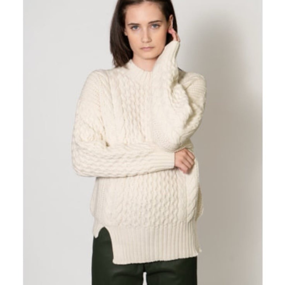 Apiece Apart, Cable knit Asymmetrical Crewneck Wool Sweater Size Small Preppy